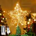 JOIEDOMI 9.5inch Metal Beaded Christmas Star Tree Topper, 20LED Warm White Lights Golden Tree Topper, USB Powered Remote Control for Christmas Tree Decorations Home Holiday Party Indoor Decor