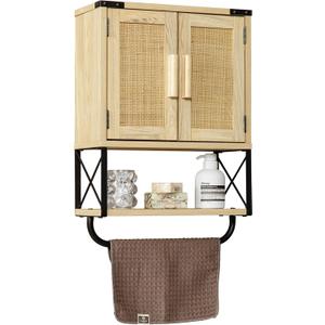 RUSTOWN Farmhouse Rustic Medicine Cabinet with Two Barn Door, Boho Wood Wall Mounted Storage Cabinet with Adjustable Shelf and Towel Bar, 3-Tier Cabinet for Bathroom, Living Room(Rattan)