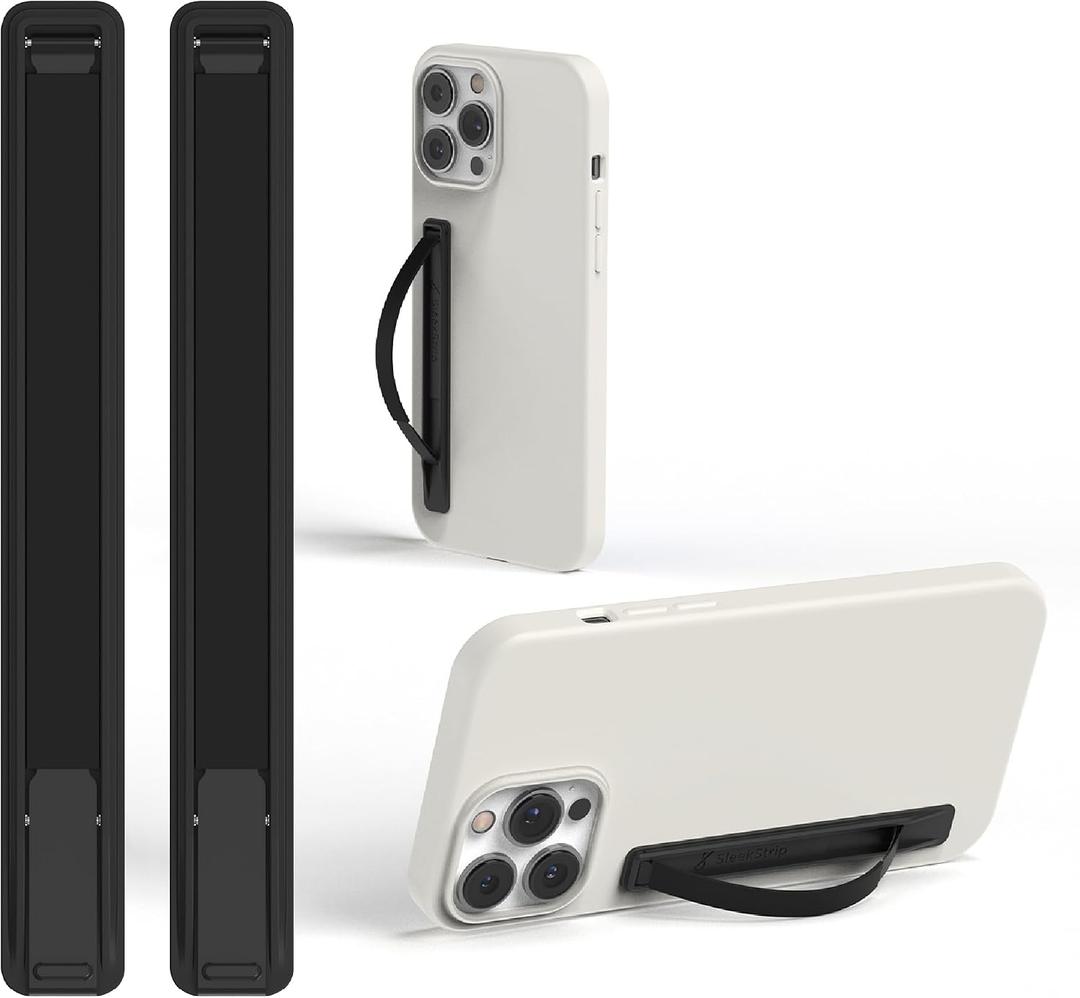 SleekStrip SleekGrip-Essential Ultra Thin Phone Grip Stand,Slim Metal Finger Loop Ring Hand Holder Strap Cell Phone Grips for iPhone 16 Pro Max,17 Air,Android,Case Back - Jet Black 2PK