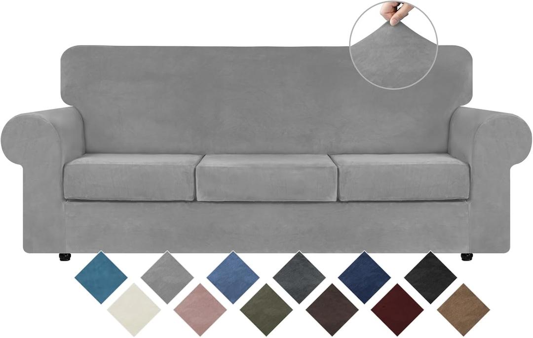 WEERRW 4 Pieces Velvet High Stretch Couch Covers for 3 Cushion Couch Sofa Slipcovers, Washable Furniture Protector with Non Slip Elastic Bottom, Feature Soft and Thick Plush Fabric, Silver Grey, Large (Large, Silver Grey)