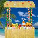 Tiki Bar Hut Kit Including 56 x 27 x 45 Inches Hawaiian Bar Hut Table Skirt Straw Roof 2 Luau Party Flower Garland for Summer Party, Luau Party Decorations