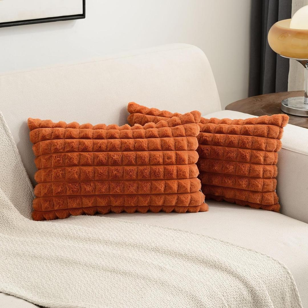 FUTEI Burnt Orange Decorative Throw Pillow Covers 10x20 Inch Set of 2, Rectangle Lumbar Pillowcase,Fluffy Faux Rabbit Fur Plaid & Soft Velvet Back, Modern Home Decor for Couch,Bed