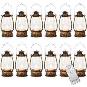 12PCS Bronze Mini Lanterns with Remote Control, 5.1" H/13cm Small Vintage Western Lanterns for Christmas Table Centerpieces, Halloween/Camping Party Decorations, Indoor Hanging & Table