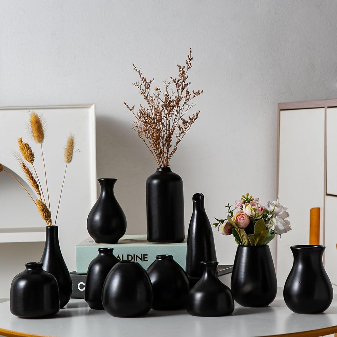 Black Ceramic Bud Vase Set of 11, Small Vases for Pampas Grass, Flowers, Mini Vases for Modern Home Decor, Minimalist Decor, for Living Room, Dining Table & Shelves