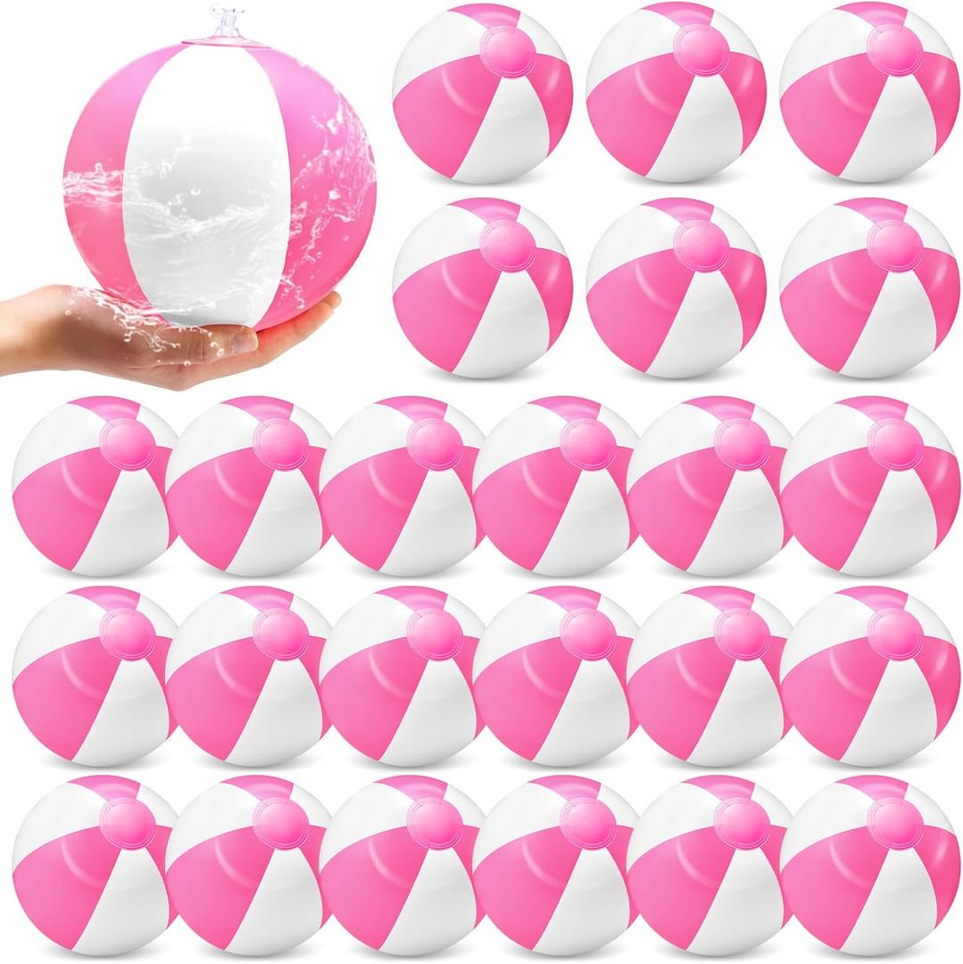 Lunmon 24 Pack 12 Inch Inflatable Beach Balls Bulk Pink and White Beach Balls PVC Blow up Water Games Toys for Kids Summer Swimming Pool Party Favors Hawaiian Tropical Theme Party Supplies