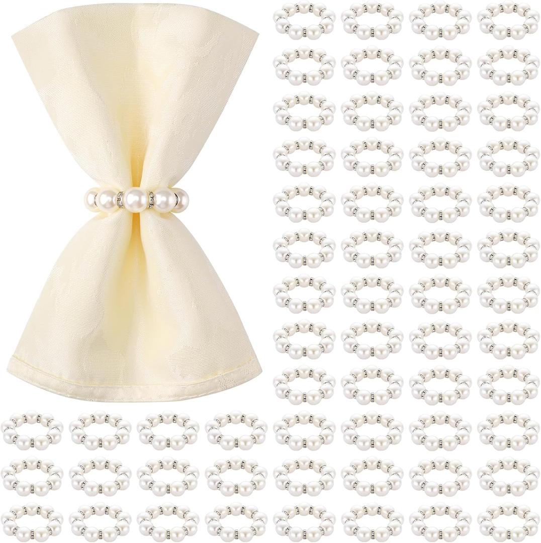 Suream 60 PCS Napkin Rings Bulk, Napkin Holders for Cloth Napkins, Elegant Pearl Decor for Wedding, Formal Dinners, Holiday, Party(White and Silver)
