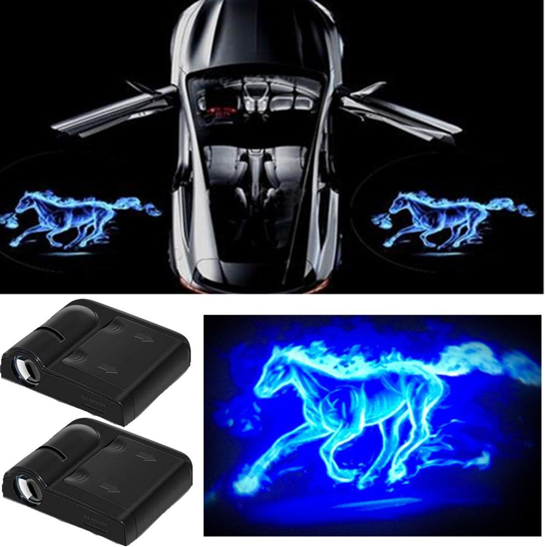 2Pcs 3D Car Door Step LED Welcome Logo Shadow Ghost Light Projector Lamps, No Drill Automotive Step lights Door Courtesy Lights Fits All Vehicle Models (Blue Horse)
