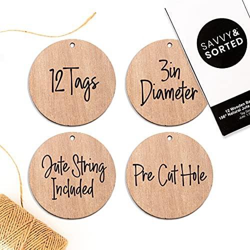 12 Round Wood Ornament Tags, 3" Wooden Circles for Crafts or Storage Bins, Hanging Label with Jute String, Personalized Gift Tag