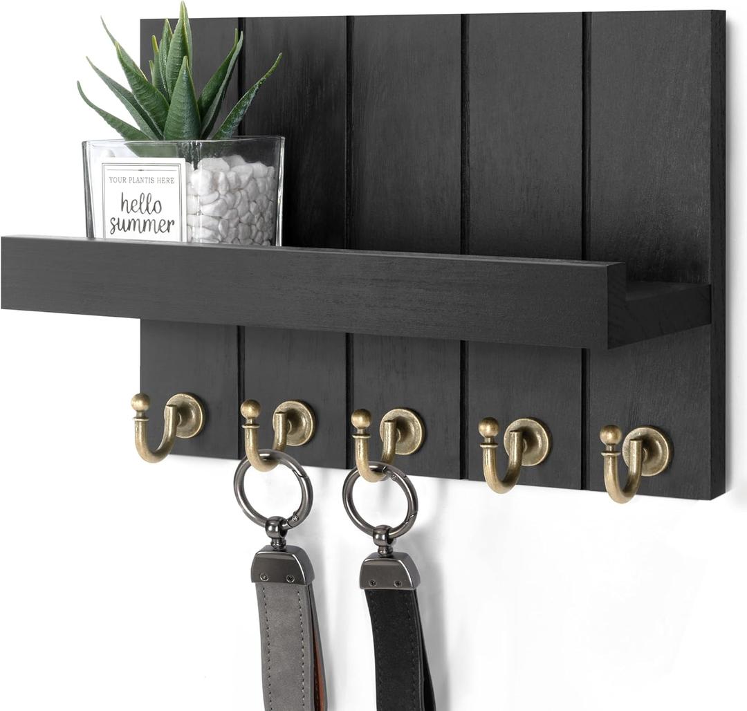 Rebee Vision Farmhouse Key Holder Wall Mount - Modern Key Holder for Living Room and Mail Organizer with Shelf & Hooks for Apartment Essentials - Home Decor Aesthetic (Black, 3.54"D x 10"W x 7.28"H)