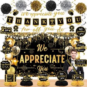 We Appreciate You Decorations Black Gold Thank You for All You Do Banner Honeycomb Centerpieces Hanging Swirls Employee Staff Appreciation Gifts Pastor Teacher Graduation Fathers Day Party Decor