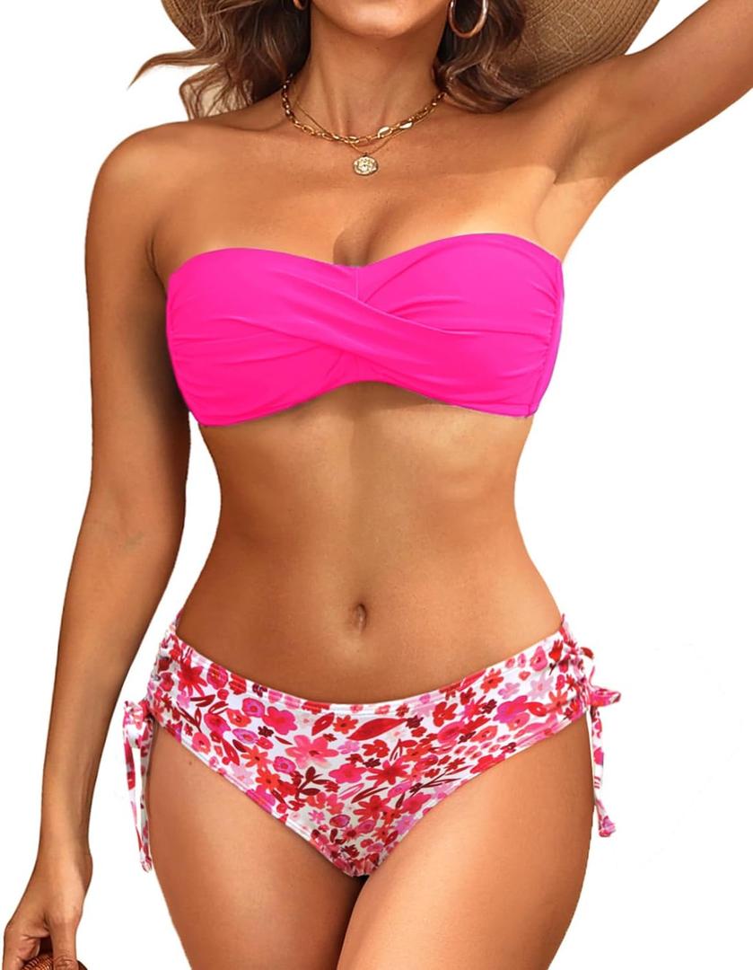 Women's Strapless Bandeau Bikini Set - Twist Front Two Piece Swimsuit Top with Side Tie Bathing Suit Bottom (Pink Floral) S