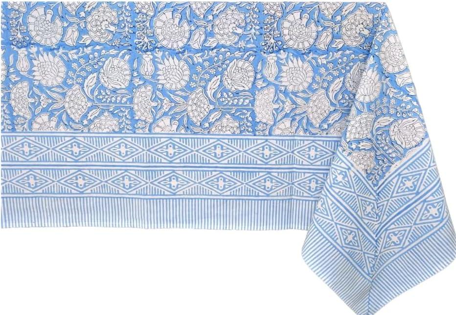 ATOSII Azora Blue 100% Cotton Rectangle Fall Tablecloth, Handblock Floral Print Linen Table Cloth for Kitchen Dining I Parties, Outdoors, Christmas, Thanksgiving I 72 X 108 Inches I 8 Seater