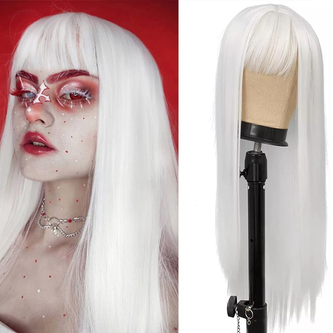 White Wig with Bangs, Long Straight White Wig for Women, 27 Inch Heat Resistant Synthetic Womens Hair Wigs for Cosplay Party Halloween