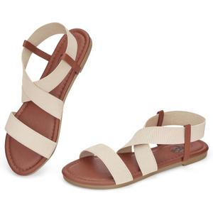 Trary Women's Flat Sandals, Comfortable Elastic Strappy Sandals, Round Toe Summer Slides for Walking, Beach & Travel (6, Beige)