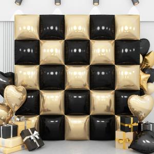 Black Gold Square Foil Balloon Wall,25Pcs Champagne Gold Double Sided Foil Balloons Backdrop Helium Tunnel Arch Garland Kit for New Year Eve Birthday Bridal Anniversary Graduations Party Decorations