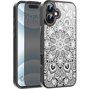 FUNMIKO for iPhone 16 Plus Case with Privacy Screen Protector, Wireless Charging Compatible, Shockproof Translucent Matte Cover - Cute Floral Design Phone Case for Women Girls - Mandala Flower