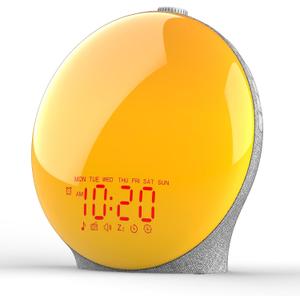 Wake Up Light Sunrise Alarm Clock for Kids, Heavy Sleepers, Bedroom, Upgraded Full Screen with Sunrise Simulation, Sleep Aid, Dual Alarms, FM Radio, Nightlight, 14 Colors, 7 Sounds, Fabric Light Gray