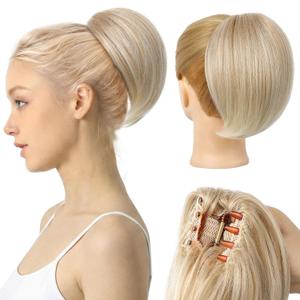REECHO Ponytail Extension, 8" Short Mini Claw Clip Pony Tail Hair Extensions Natural Soft Feather-Light Tension-Free Ponytail Hairpiece for Women - Dark Blonde with Light Ends