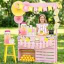 208 Pcs Pink Lemonade Stand Supplies Kit Include 1 Gallon Plastic Drink Dispenser, Pink Yellow Lemonade Banner, 100 Cups with Straws, Waterproof Apron, Blackboard for Summer Lemon Stand Party Decor