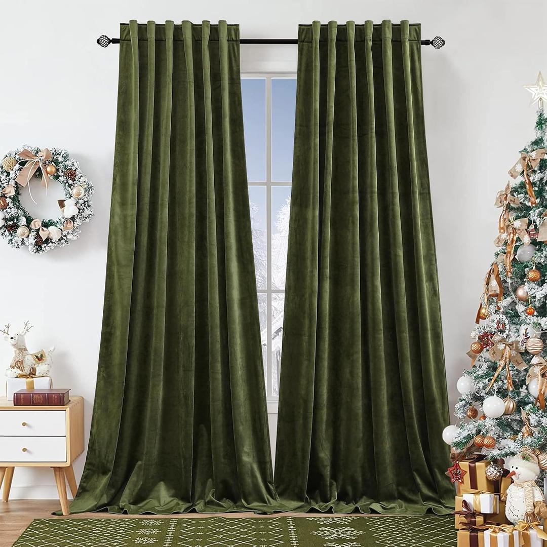 Dchola Olive Green Velvet Curtains for Bedroom Window with Back Tab, Super Soft Vintage Luxury Heavy Drapes, Room Darkening Thermal Insulated Curtain for Living Room, W52 by L108 inches, 2 Panels