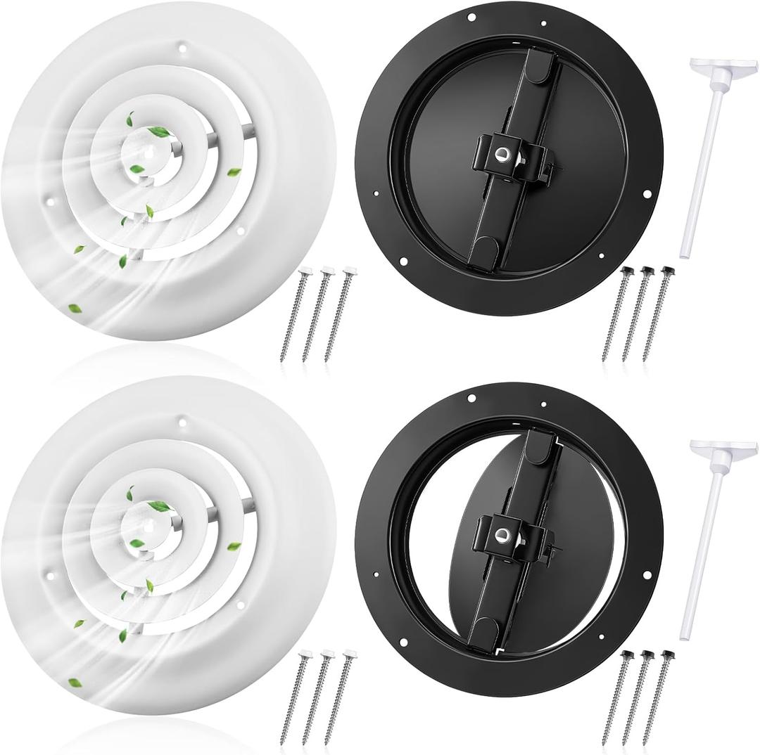 Therwen 2 Set 6 Inch Round Vent Cover Ceiling Diffuser HVAC Vent Duct Cover Replacement with Steel Butterfly Damper Fitting in 6 Inch Duct, Outer Dimensions: 9-15/16" (White and Black)