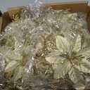 GREENTIME 24 Pcs Glitter Poinsettia Golden Artificial Flowers Christmas with Clips Stems Xmas Tree Ornaments for New Year Party Stairs Fireplace Porch Balcony Garden Church Wreath Decoration