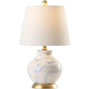 JONATHAN Y 20.5" Blue/White Marbleized Ceramic Table Lamp, Contemporary Traditional Bedside Lamp for Living Room, Gold Accents, White Linen Empire Shade, LED Bulb Included JYL3007A