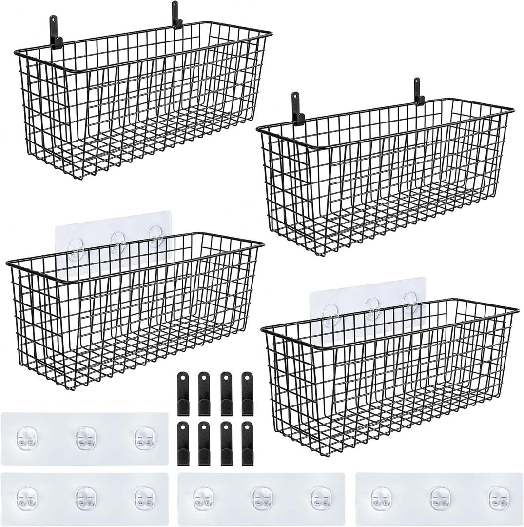 4 Set [EXTRA LARGE] Hanging Wall Mount Storage Baskets with Adhesive Hooks & Steel Hooks, Multiuse Sturdy Wire Metal Organizing Baskets for Home Kitchen Bathroom Pantry Utility Organizer, Black