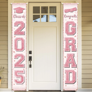 Jansun 2025 Pink Graduation Banner Party Decoration Class of 2025 Porch Sign Graduation Congrats Grad Rose Gold Photograph Banner Door Hanging for High School College Graduation Party