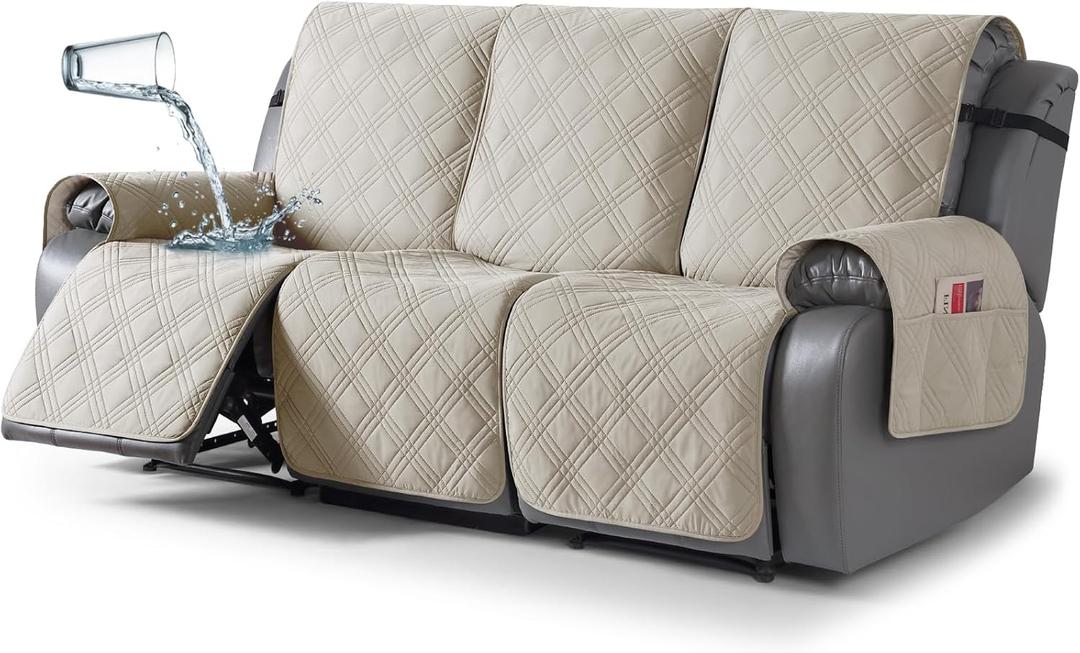 TAOCOCO 100% Waterproof Recliner Sofa Covers 3 Seater Split Couch Covers for 3 Cushion Reclining Couch with Straps, Non Slip Reclining Couch Covers Furniture Protector for Kids Pets(3 Seater, Cream)