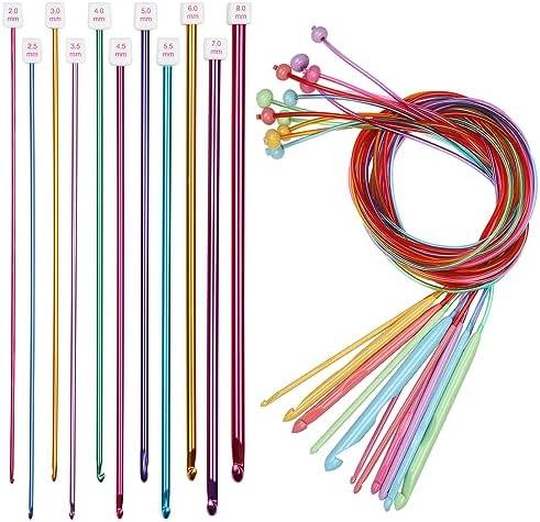 Aeelike Tunisian Crochet Hooks Set with Cable, Tunisian Crochet Hook 2-8 mm Aluminum Colorful Afghan Crochet Hooks 3.5-12 mm, Smooth Long Tunisian Crochet Hook with Cable for Beginner