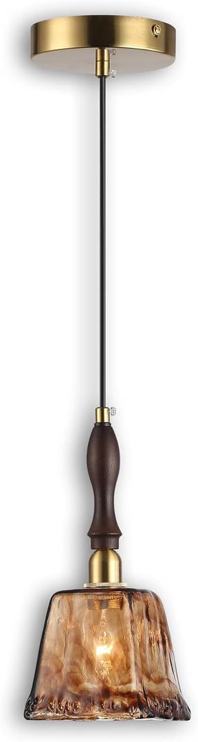 Modern Amber Glass Pendant Light, 4.33"x9.8" Hanging Fixture with Golden Wood Handle & Brass Cap, 15"-72" Adjustable Line, E26 Socket  Golden Amber Square