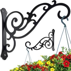 Hanging Planter Hooks 2 Pcs,Outdoor Hanging Brackets Wall Hook Heavy Duty Brackets,Black Iron Planters Hook Indoor/Outdoor Planter Hanger Brackets (12 inch)