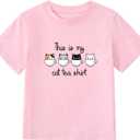 Girl's Cute Cat Graphic T-Shirts Funny Animal Lover Tee Pink (Pink)