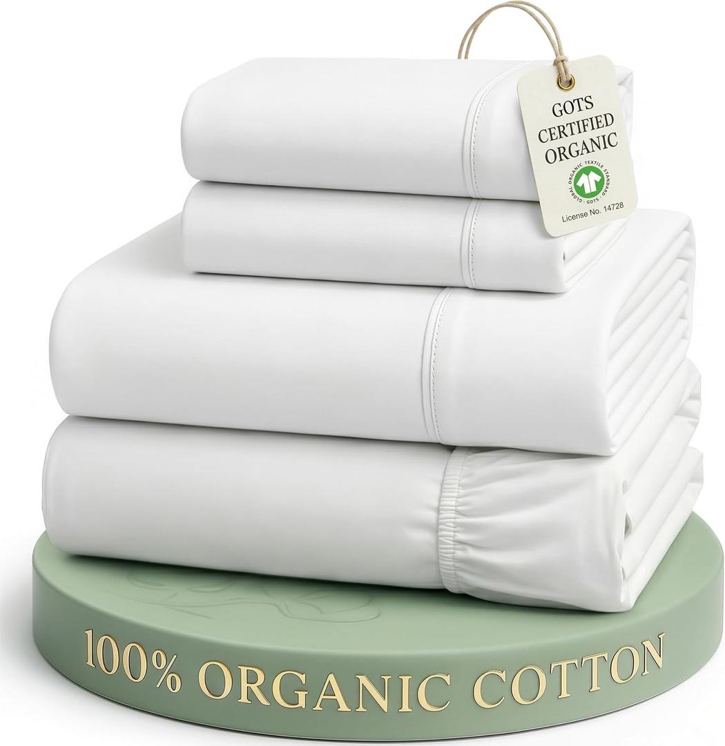 LANE LINEN Eco Friendly 100% Organic Cotton Queen Sheet Set, Soft & Comfy Fully Elasticized 15" Deep Pocket Bed Sheets, Low Pill Naturally Cooling Machine Wash Sábanas Queen White Bed Sheets