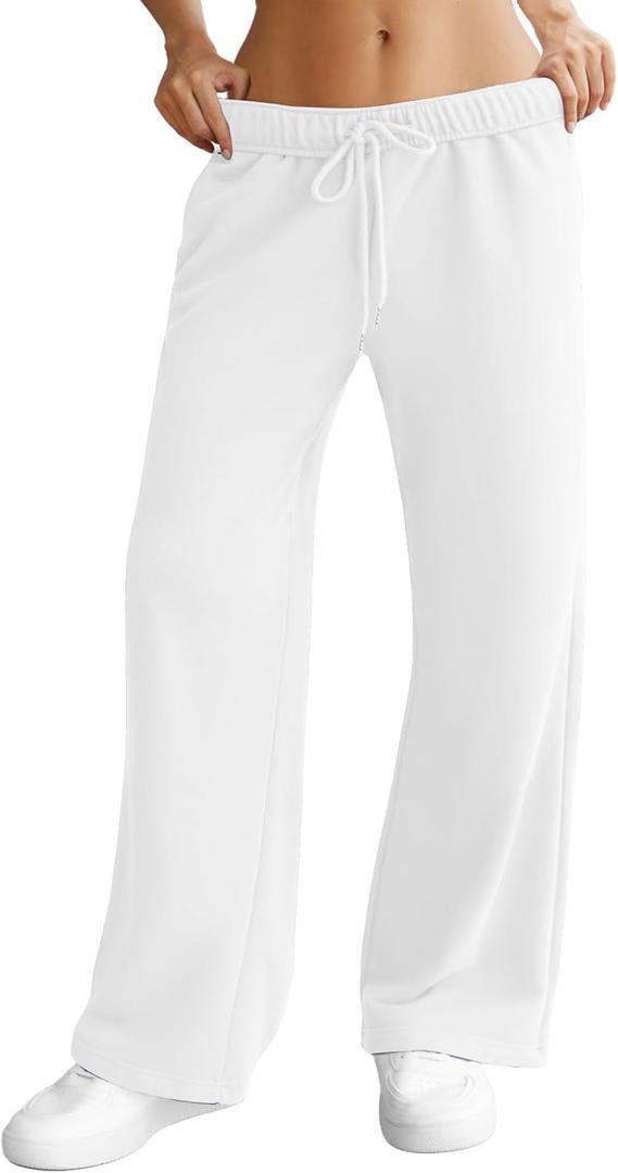 DLOODA Womens Wide Leg Sweatpants Interior Drawstring Baggy Sweat Pants with Pockets Elastic Waisted Lounge Casual Trousers (Small, White)