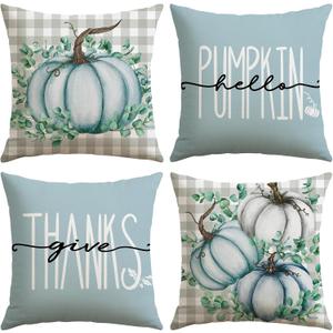 2 x Artscope Fall Decorative Throw Pillow Covers 20x20 Inch Set of 4, Hello Pumpkin Give Thanks Outdoor Farmhouse Pillow Cases for Home Sofa Couch-Light Blue
