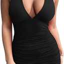 HOCILLE Women's Sexy Halter Bodycon V Neck Backless Ruched Drawstring Mini Club Party Dresses Size XL