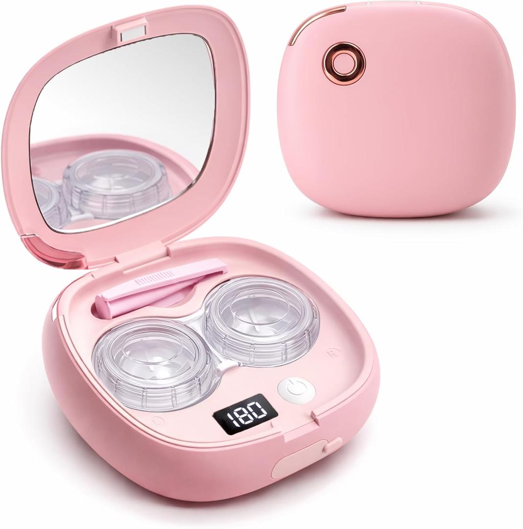Vastsoon Ultrasonic Contact Lens Cleaner Machine Portable, Rechargeable Cleaning Kit with 4 Contact Lens Solution Cases, Applicator & Removal Tools for Travel & Home Use (Pink)