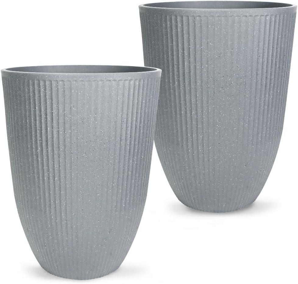 2 Pcs Pack 18.5 Inches Heavy Duty Plastic Resin Tall Tapered Planter Pots Large Round Planter Flower Pot with Drainage Holes for Indoor Outdoor Deck Porch Garden Home Patio Front Door (Light grey, M) (Medium)