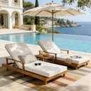 Merax Acacia Wood Outdoor Chaise Lounge Chair, 3-Position Adjustable Backrest & 4\" Thick 3-Fold Removable Cushion, 76.8\" L Modern Patio Sun Lounger for Garden Pool Beach Yard, Cream+Teak