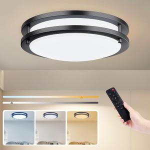 Kalium LED Ceiling Light with Remote 16 Inch Flush Mount Ceiling Light Fixture, 32W 3000K-6000K Adjustable Color Temperature, Dimmable Lighting Fixtures for Kitchen Bedroom Hardwired Installation  1Pack Matte Black, 16inch