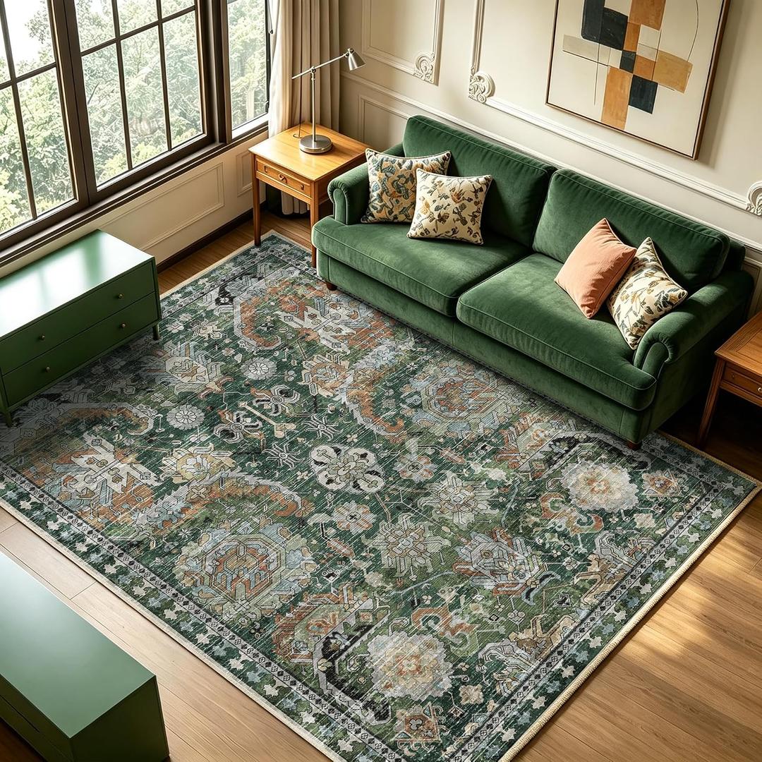 Washable Area Rugs - Perfect for Living Room, Bedroom, Kids Room, Nursery - Stain & Water Resistant Non-Slip, Pet & Child Friendly, Vintage Tribal Area Rugs (Green, 6' x 9')