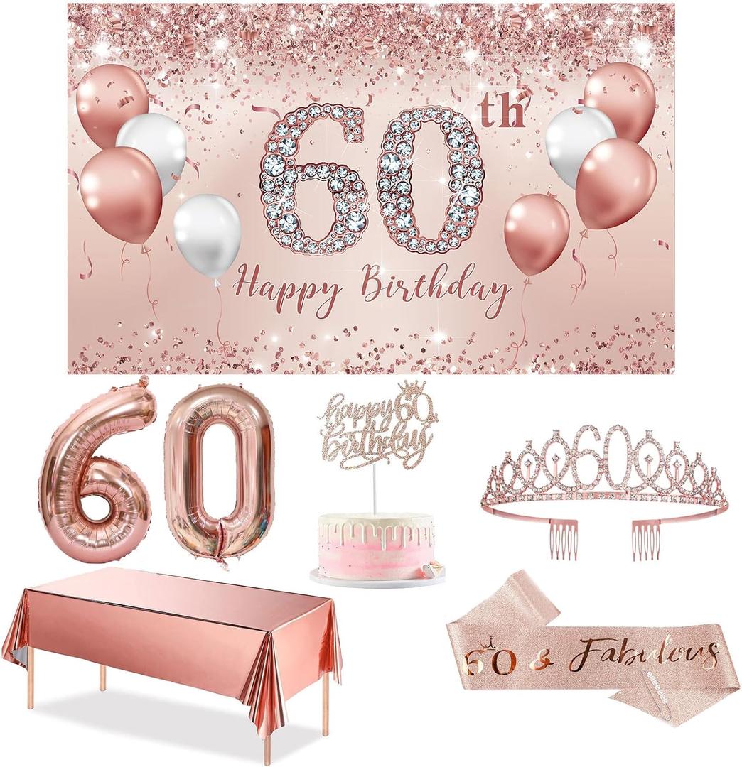 Trgowaul 60th Birthday Decorations Party Set for Women, Rose Gold 60 Birthday Banner and Tablecloth, 60 & Fabulous Sash and Tiara, 1PC Happy 60th Birthday Cake Topper, Pink Gold 60 Number Balloons