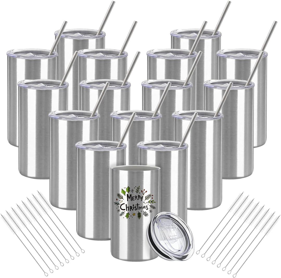 YOUKE OLA 16 Pack Tumblers Blanks Bulk Skinny Straight Tumbler Stainless Steel Double Wall Insulated Water Bottles with Lid & Straw for DIY Gift, 12oz Silver