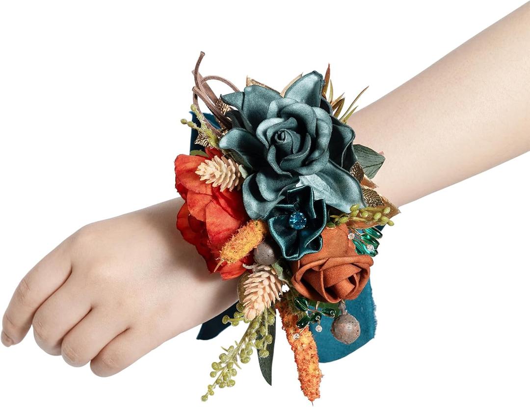 Ling's moment 2pcs Homecoming Wedding Wrist/Shoulder Corsage Artificial Flower, Girl/Mother Prom Corsage Wristlet Dcor, etc. Dark Teal Orange