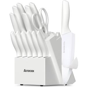 Astercook Knife Set for Kitchen 15 Piece with Block and Sharpener Kitchen Knives with Ceramic Coating Sharp Blade Dishwasher Safe Deba Knives with Anti-slip Ergonomic Handle, Elegant White