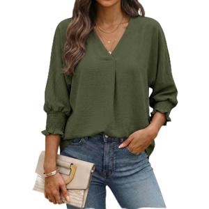 Cuffbow Women Blouses Dressy Casual V Neck 3/4 Length Sleeve Tops Business Work Blouses Office Tunic Shirt with Smocked Cuffs(Green,Small) (Green, S)