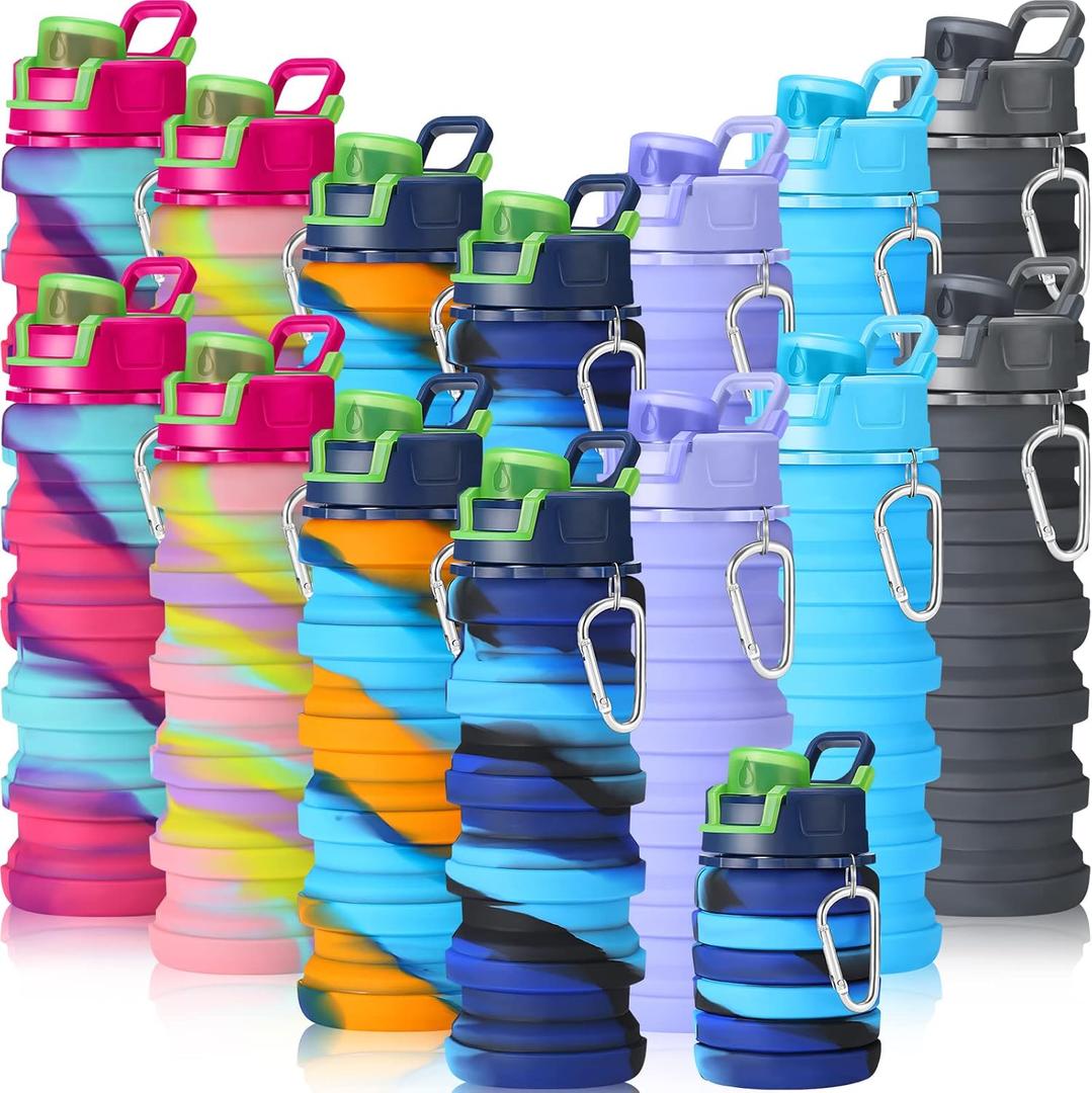 Sunnyray 14 Pack Collapsible Water Bottles Bulk with Hooks 17oz Reusable Leakproof Silicone Sport Foldable Water Bottle for Travel Camping Hiking Cycling Outdoor Party Favors(Dark Color)