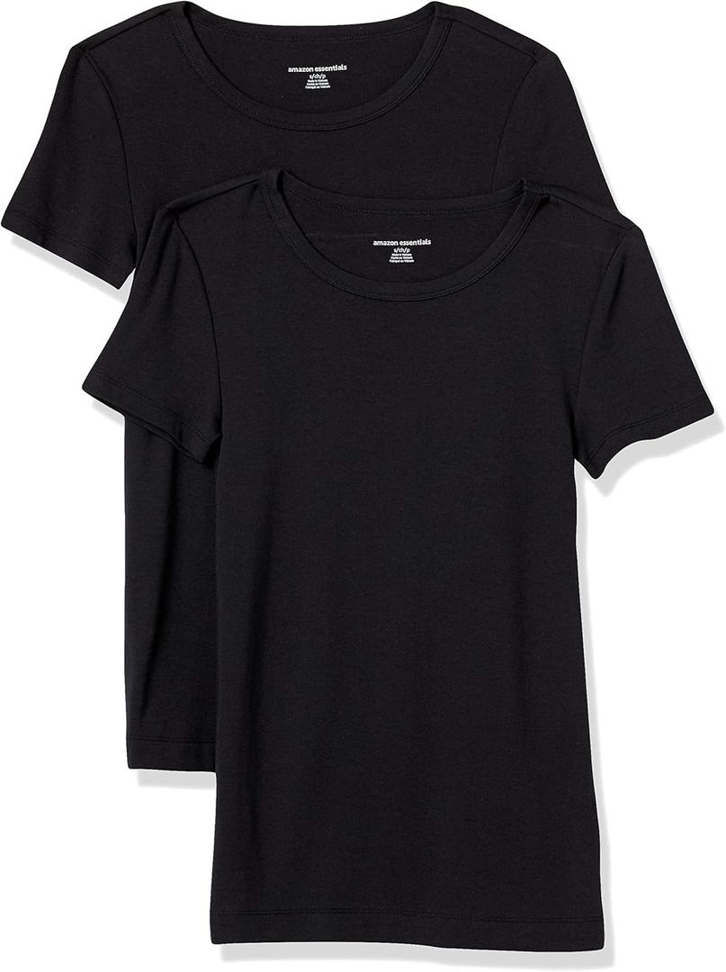 Amazon Essentials Women's Slim-Fit Short-Sleeve Crewneck T-Shirt, Pack of 2 (Large, Black)
